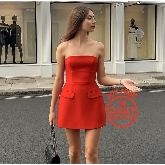 ZARA Strapless Fitted Mini Dress NWT | Red Orange | Size L - Picture 1 of 16